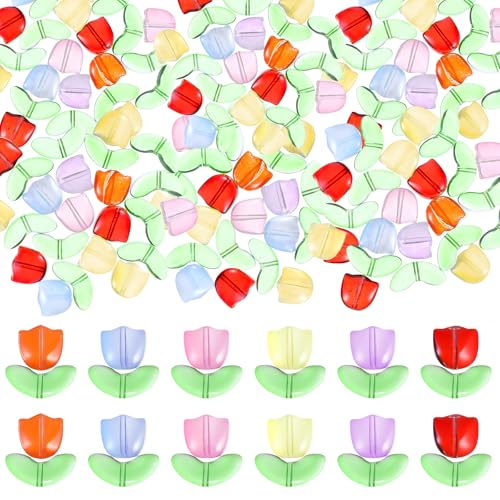YBEATY 120 Stück Tulpenblumen, Kristallglasperlen, durchscheinende Tulpenblumen-Perlen, bunt, handgefertigt, Kristallglas-Perlen, Textur, Florar, handgefertigt, Abstandshalter für Schmuckherstellung von YBEATY