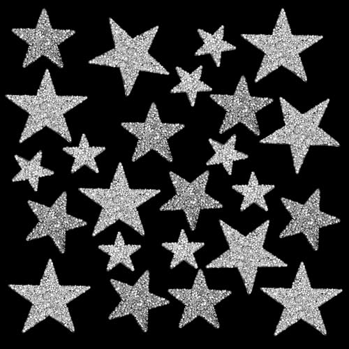 YBEATY 24 Stück Stern Aufnäher in 3 Größen zum Aufbügeln Stern Flicken Verzierungen glitzernde Strass Applikationen DIY Pailletten Vintage Accessoire Dekoration für Kleidung Jeans Taschen (Silber) von YBEATY