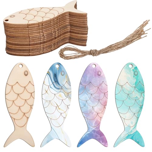 YBEATY 36 Stück Holz-Fischausschnitte zum Selbermachen, unlackierte Holzschilder, Fischform, geschnittene Scheiben, Zubehör, Tiere, hängende Ornamente mit Seilschnur für Malerei, Handwerk, Party von YBEATY