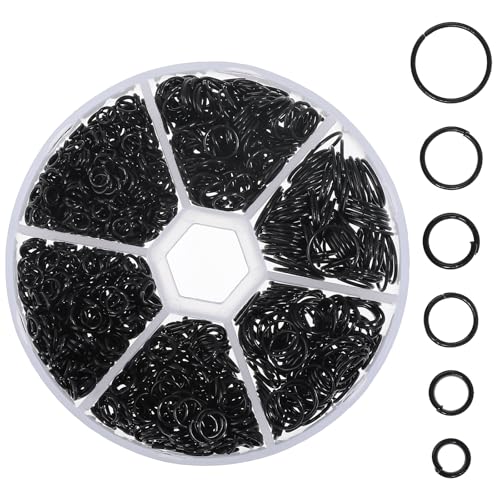 YBEATY 970 Stück offene Binderinge, schwarz, rund, Binderinge, Schmuckherstellung, Verbindungsstücke, verschiedene Größen, geteilte Fundstücke, Zubehör für Armband, Ohrringe, Halskette von YBEATY