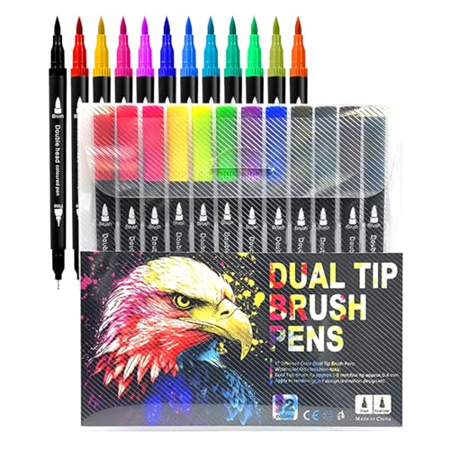 YBFBSJK Acrylstifte 12 Farben Acrylic Paint Marker Dual Tip Marker (Pinsel und feine Spitze) für Felsmalerei, Holz, Keramik, Ideal für Kinder und Erwachsene, zum Zeichnen und DIY-Bastelprojekte von YBFBSJK