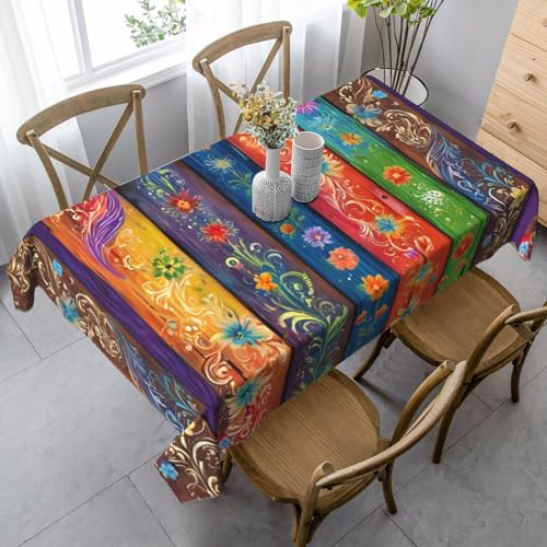 YBGHDAA Rechteckige Tischdecke mit buntem Holzbrettdruck. Pflegeleichte Stoff-Tischdecke für Frühlingsfeiern von YBGHDAA