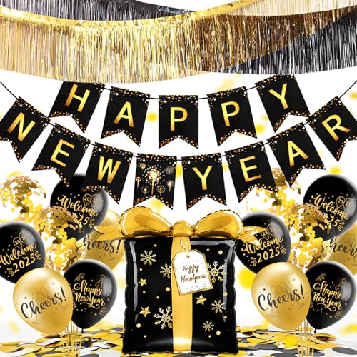 YBwanli Silvester Deko 2025, Schwarz Gold Neujahr Deko 2025,Happy New Year Banner,2025 Folienballon Konfetti Luftballons, Glitzer Vorhänge, Silvester-Party-Deko-Set 2025 von YBwanli