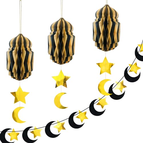 YBwanli EID Mubarak Dekorationen für Home, Enthält 3 Moscheewaben, 1 goldenen und schwarzen Stern Mondgirlande, Ramadan Mubarak Dekoration, islamische Dekoration, Hochwertige Wiederverwendbarkeit von YBwanli