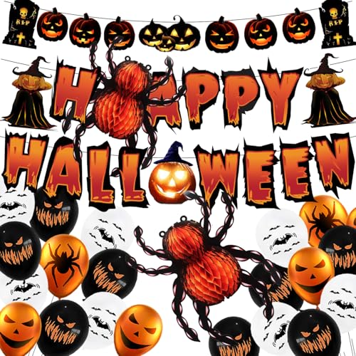 YBwanli Halloween Deko Innen Set - Luftballons, Happy Halloween Girlande, Banner, Spinnen - Party Dekoration für Kinder und Horror-Atmosphäre von YBwanli