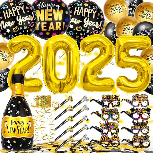 YBwanli Silvester Deko 2025, Happy New Year Deko XXL 2025 (32ZOLL) Folienballons, Konfetti aus schwarzem Gold,Fotorequisiten,silvester deko2025 party set von YBwanli