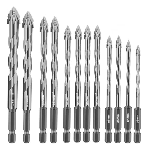 Exzenterbohrer Set 12-tlg, Sägezahnbohrer mit 4 Schneiden, Vierschneidiger Gezackter Bohrer mit 1/4" Sechskantschaft, Hochharte Multifunktionsbohrer für Glas, Keramik, Holz & Metall (3–12 mm) (Silber) von YCBTREE