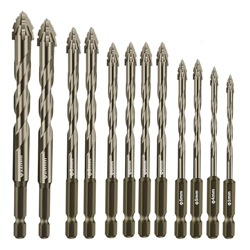 Exzenterbohrer Set 12-tlg, Sägezahnbohrer mit 4 Schneiden, Vierschneidiger Gezackter Bohrer mit 1/4" Sechskantschaft, Hochharte Multifunktionsbohrer für Glas, Keramik, Holz & Metall (3–12 mm) (Gelb) von YCBTREE