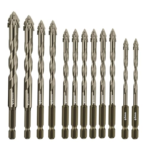 Exzenterbohrer Set 12-tlg., Sägezahnbohrer mit 4 Schneiden, Vierschneidiger Bohrer mit 1/4" Sechskantschaft, Hartmetallspitze, Hochharter Bohrersatz für Fliesen, Glas, Holz, Metall (Gelb, 12PCS) von YCBTREE