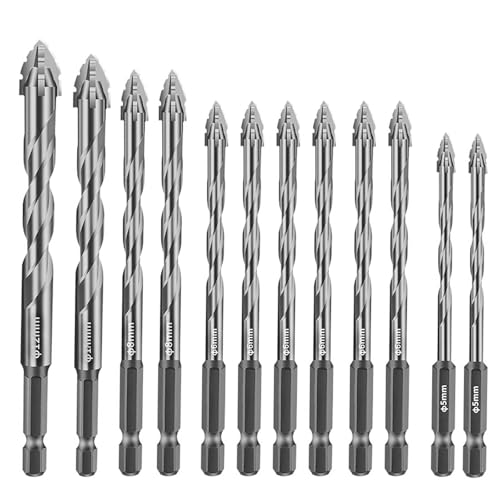 Exzenterbohrer Set 12-tlg., Sägezahnbohrer mit 4 Schneiden, Vierschneidiger Bohrer mit 1/4" Sechskantschaft, Hartmetallspitze, Hochharter Bohrersatz für Fliesen, Glas, Holz, Metall (Silber, 12PCS) von YCBTREE