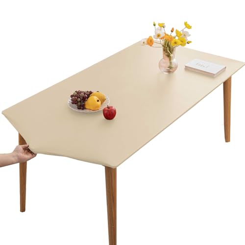 PU-Leder Elastische Tischdecke Gartentischdecke Rechteckig Tischdecke wasserdichte rutschfeste Abwischbar Schmutzabweisend Tischdecke Für Outdoor,Küche Und Esszimmer (Beige,80X140CM) von YCDZSW