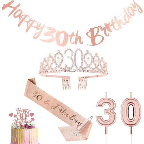 30. Geburtstag Krone und Schärpe, Happy 30th Birthday Roségold Tiara für Mädchen, 30 Geburtstag Kerzen Kuchen Cake Topper Banner Geburtstagparty Dekoration Zubehör für Prinzessin Frauen Geschenke 30. Geburtstag Krone und Schärpe, Happy 30th Birthday Roségold Tiara für Mädchen, 30 Geburtstag Kerzen Kuchen Cake Topper Banner Geburtstagparty Dekoration Zubehör für Prinzessin Frauen Geschenke von YCFAIIKG