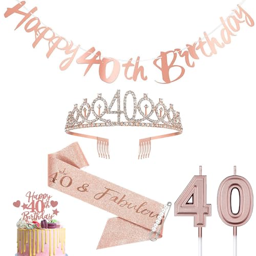 40.Geburtstag Krone und Schärpe, Happy 40th Birthday Roségold Tiara für Mädchen, 40 Geburtstag Kerzen Kuchen Cake Topper Banner Geburtstagparty Dekoration Zubehör für Prinzessin Frauen Geschenke 40.Geburtstag Krone und Schärpe, Happy 40th Birthday Roségold Tiara für Mädchen, 40 Geburtstag Kerzen Kuchen Cake Topper Banner Geburtstagparty Dekoration Zubehör für Prinzessin Frauen Geschenke von YCFAIIKG