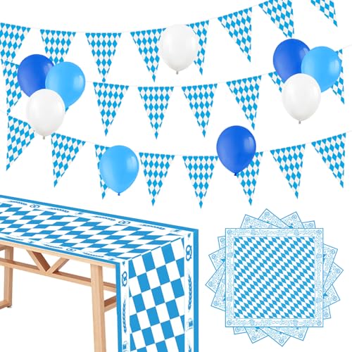 Oktoberfest Deko Set, Oktoberfest Girlande Banner Wimpelkette, Bayrische Deko Servietten, Tischläufer, Luftballons Blau Weiß, für Oktoberfes Party Hausgarten Bar Bierzelte Bierfest Foto Requisiten von YCICHE