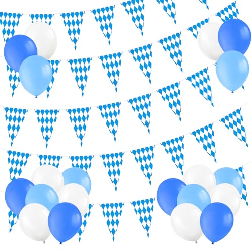 Oktoberfest Deko Set,2 Stück 10m Oktoberfest Wimpelkette Girlande,20 x 30cm Blau/Weiß Bayerische Deko Banner,Bayrische Wimpelkette,30 Luftballons Blau Weiß,für Innen Outdoor Bierfest Party Hausgarten von YCICHE