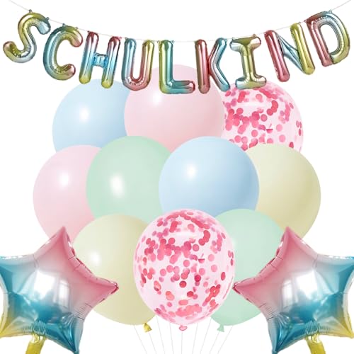 Schulanfang Deko Einschulung Banner, Gradienten SCHULKIND Schuleinführung Schulstart Banner, mit 10 Luftballons, Schulanfang Deko Junge Mädchen, Endlich für Schulkind Einschulung Party Dekoration von YCICHE