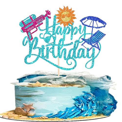 1 Packung Sommer Strand Happy Birthday Cake Topper Tropische Hawaii Wasserpistole Kuchen Pick Glitzer Regenschirm Pool Urlaub Cupcake Dekoration für Sommer Baby Shower Geburtstag Party Supplies Blau von YCTHUNFISH
