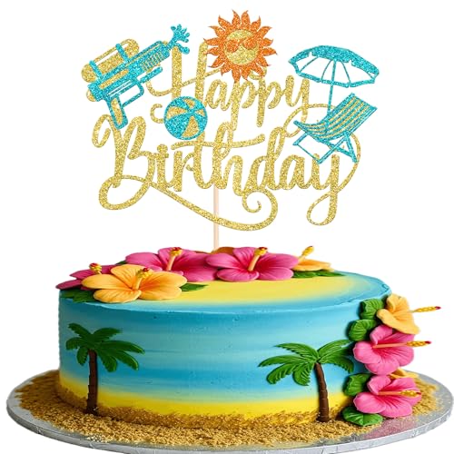 1 Packung Sommer Strand Happy Birthday Cake Topper Tropische Hawaii Wasserpistole Kuchen Pick Glitzer Regenschirm Pool Urlaub Cupcake Dekoration für Sommer Baby Shower Geburtstag Party Supplies Gold von YCTHUNFISH