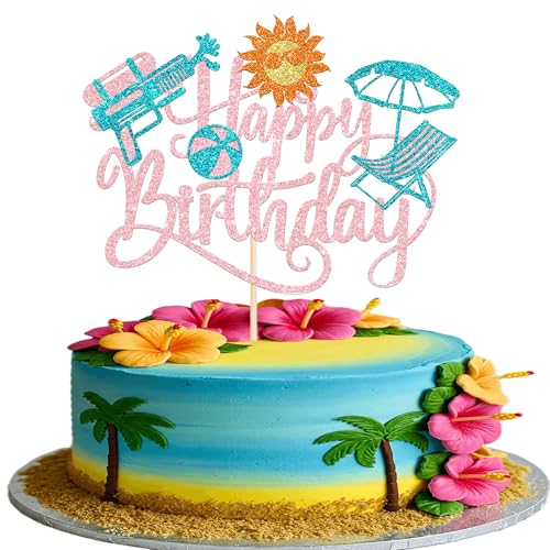 1 Packung Sommer Strand Happy Birthday Cake Topper Tropische Hawaii Wasserpistole Kuchen Pick Glitzer Regenschirm Pool Urlaub Cupcake Dekoration für Sommer Baby Shower Geburtstag Party Supplies Rosa von YCTHUNFISH