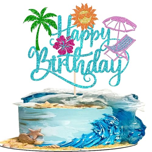 1 Packung Summer Beach Happy Birthday Cake Topper Tropical Hawaiian Luau Cake Pick Glitter Plam Leave Holiday Cupcake Dekoration für Sommer Baby Shower Geburtstag Party Supplies Blau von YCTHUNFISH
