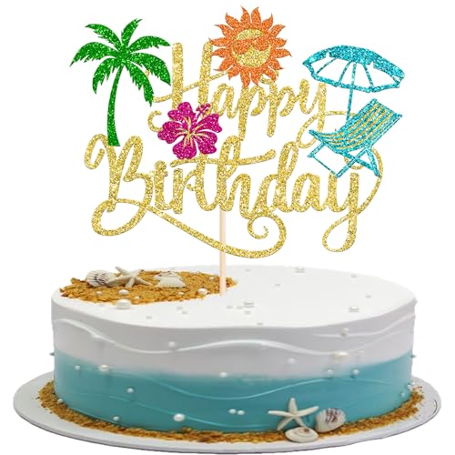 1 Packung Summer Beach Happy Birthday Cake Topper Tropical Hawaiian Luau Cake Pick Glitter Plam Leave Holiday Cupcake Dekoration für Sommer Baby Shower Geburtstag Party Supplies Gold von YCTHUNFISH