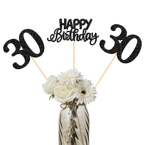 12 Stück Happy Birthday 30th Tafelaufsatz, Glitzerstäbchen, für 30 fabelhafte Happy Birthday-Mottoparty-Zubehör, schwarz, 30 Stück 12 Stück Happy Birthday 30th Tafelaufsatz, Glitzerstäbchen, für 30 fabelhafte Happy Birthday-Mottoparty-Zubehör, schwarz, 30 Stück von YCTHUNFISH