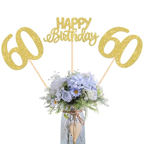 12 Stück Happy Birthday 60th Tafelaufsatz, Glitzerstäbchen mit Aufschrift "Sixty Cheers to 60 Years Old Table Centerpiece Sticks for 60 Fabulous Happy Birthday Theme Party Supplies Gold von YCTHUNFISH