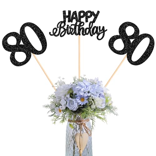 12 Stück Happy Birthday 80th Tafelaufsatz, Glitzerstäbchen, 80 Stück, 80 Jahre alt, Tafelaufsatz für 80 fabelhafte Happy Birthday-Mottoparty-Zubehör, Schwarz von YCTHUNFISH