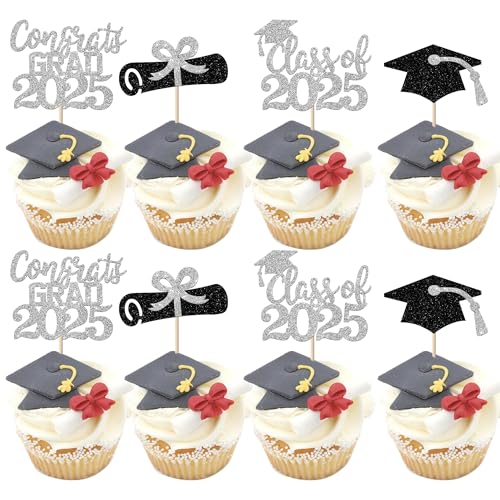24 Stück 2023 Abschluss Cupcake Topper Glitzer Diplom Congrats Grade 2023 Abschlusskappe Klasse 2023 Cupcake Picks 2023 Abschluss Thema Schule Abschluss Party Kuchen Dekorationen Supplies Silber von YCTHUNFISH