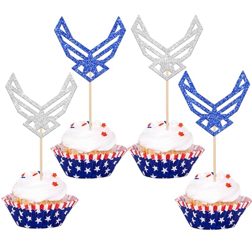 24 Stück Emblem Cupcake Topper Glitzer Army Navy Air Force Cupcake Picks für Congrats Ruhestand Armee Militär Thema Geburtstag Kuchen Dekorationen Party Supplies Blau Silber von YCTHUNFISH