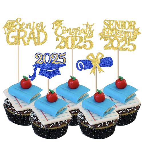 30 Stück Abschluss 2023 Cupcake Topper Glitzer Senior Klasse 2023 Cake Toppers Diplom Cupcake Picks 2023 Abschluss Thema Party Cupcake Dekorationen Supplies Gold Blau von YCTHUNFISH