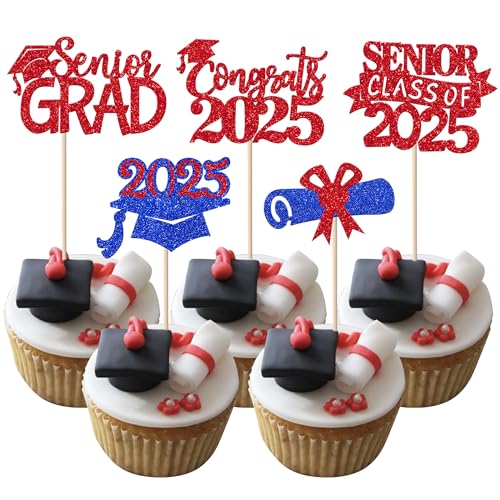 30 Stück Abschluss 2023 Cupcake Topper Glitzer Senior Klasse 2023 Cake Toppers Diplom Cupcake Picks 2023 Abschluss Thema Party Cupcake Dekorationen Supplies Rot Blau von YCTHUNFISH