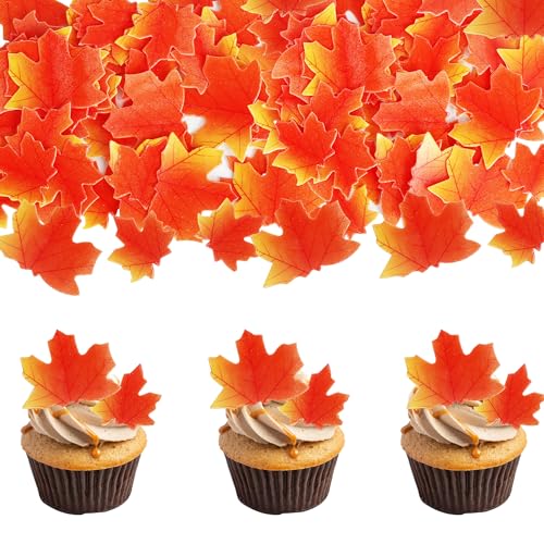 50 Stück essbare Ahornblätter Cupcake-Dekorationen, Wasserpapier, Herbstblätter, Erntedankfest, Kuchendekorationen für Babyparty, Kindergeburtstag von YCTHUNFISH