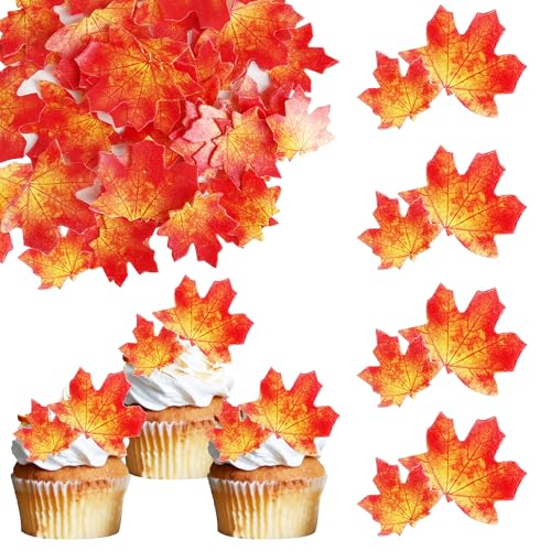 50 Stück essbare Ahornblätter Cupcake Toppers, Ahornblatt-Kuchendekorationen für Herbst, Thanksgiving, Babyparty, Kindergeburtstag von YCTHUNFISH