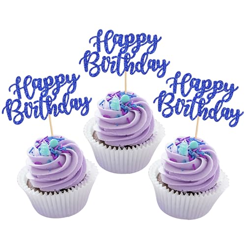 Cupcake-Topper "Happy Birthday", glitzernd, für Babyparty, Kindergeburtstag, Cupcake-Dekoration, Blau, 24 Stück Cupcake-Topper "Happy Birthday", glitzernd, für Babyparty, Kindergeburtstag, Cupcake-Dekoration, Blau, 24 Stück von YCTHUNFISH
