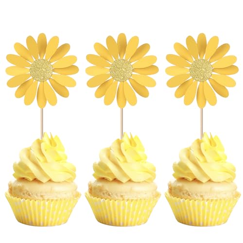 Cupcake-Topper mit Gänseblümchen-Motiv, glitzernde Gänseblümchen, Cupcake-Picks, Chrysanthemen-Kuchendekorationen für Hippie-Themen-Babyparty, Hochzeit, Geburtstag, Party, Gelb, 24 Stück Cupcake-Topper mit Gänseblümchen-Motiv, glitzernde Gänseblümchen, Cupcake-Picks, Chrysanthemen-Kuchendekorationen für Hippie-Themen-Babyparty, Hochzeit, Geburtstag, Party, Gelb, 24 Stück von YCTHUNFISH