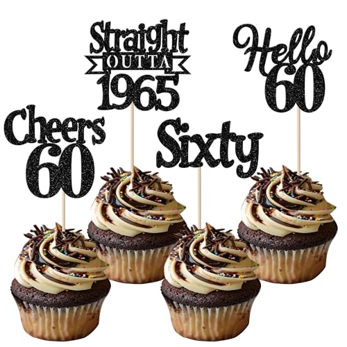 Cupcake-Topper zum 60. Geburtstag, glitzernd, gerade Outta 1965, Happy 60th Sixty Awesome Since 1965, 60 fabelhafte Kuchendekorationen für 60. Geburtstag, Hochzeit, Jahrestag, Party, Schwarz, 24 Stück Cupcake-Topper zum 60. Geburtstag, glitzernd, gerade Outta 1965, Happy 60th Sixty Awesome Since 1965, 60 fabelhafte Kuchendekorationen für 60. Geburtstag, Hochzeit, Jahrestag, Party, Schwarz, 24 Stück von YCTHUNFISH