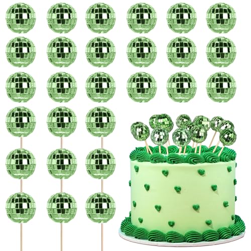 Discokugel-Kuchenaufsätze, 1970er-Jahre, Disco-Kuchenaufsätze für Nachtfieber, Spiegelkugel, Party, Thema, 1970er-Jahre, Kuchendekorationen, Partyzubehör, Grün, 24 Stück Discokugel-Kuchenaufsätze, 1970er-Jahre, Disco-Kuchenaufsätze für Nachtfieber, Spiegelkugel, Party, Thema, 1970er-Jahre, Kuchendekorationen, Partyzubehör, Grün, 24 Stück von YCTHUNFISH