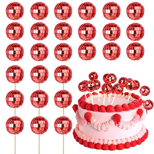 Discokugel-Kuchenaufsätze, 1970er-Jahre, Disco-Kuchenaufsätze für Nachtfieber, Spiegelkugel, Party, Thema, 1970er-Jahre, Kuchendekorationen, Partyzubehör, Rot, 24 Stück Discokugel-Kuchenaufsätze, 1970er-Jahre, Disco-Kuchenaufsätze für Nachtfieber, Spiegelkugel, Party, Thema, 1970er-Jahre, Kuchendekorationen, Partyzubehör, Rot, 24 Stück von YCTHUNFISH