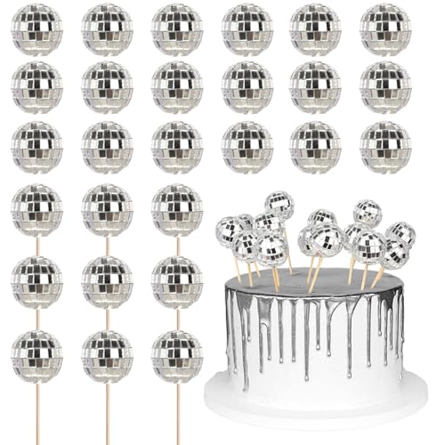 Discokugel-Kuchenaufsätze, 1970er-Jahre, Disco-Kuchenaufsätze für Nachtfieber, Spiegelkugel, Party, Thema, 1970er-Jahre-Kuchendekorationen, Partyzubehör, Silber, 24 Stück Discokugel-Kuchenaufsätze, 1970er-Jahre, Disco-Kuchenaufsätze für Nachtfieber, Spiegelkugel, Party, Thema, 1970er-Jahre-Kuchendekorationen, Partyzubehör, Silber, 24 Stück von YCTHUNFISH