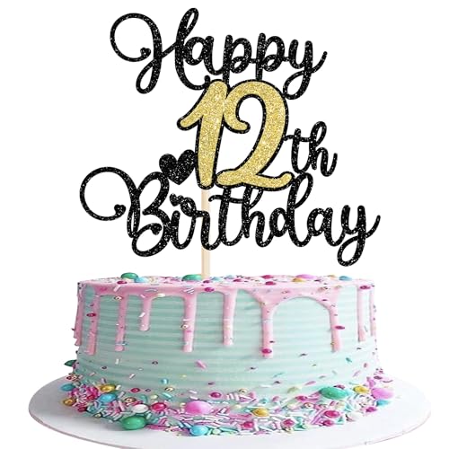 Tortenaufsatz "Happy 12th Birthday", glitzerndes Herz, Geburtstagskuchenaufsatz, Cheers to 12 Years for 12th Anniversary Wedding Party Cupcake Decorations Supplies Black Gold Tortenaufsatz "Happy 12th Birthday", glitzerndes Herz, Geburtstagskuchenaufsatz, Cheers to 12 Years for 12th Anniversary Wedding Party Cupcake Decorations Supplies Black Gold von YCTHUNFISH