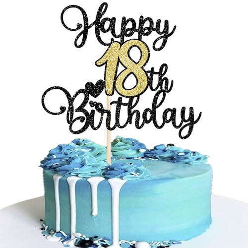 Tortenaufsatz "Happy 18th Birthday", glitzerndes Herz, Geburtstagskuchenspieß, Prost bis 18 Jahre, für 18. Jahrestag, Hochzeit, Party, Cupcake-Dekorationen, Zubehör, Schwarz / Gold, 1 Stück Tortenaufsatz "Happy 18th Birthday", glitzerndes Herz, Geburtstagskuchenspieß, Prost bis 18 Jahre, für 18. Jahrestag, Hochzeit, Party, Cupcake-Dekorationen, Zubehör, Schwarz / Gold, 1 Stück von YCTHUNFISH