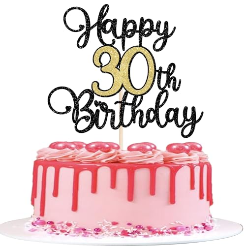 Tortenaufsatz "Happy 30th Birthday", glitzerndes Herz, Geburtstagskuchenaufsatz, Cheers to 30 Years for 30th Anniversary Wedding Party Cupcake Decorations Supplies Black Gold von YCTHUNFISH