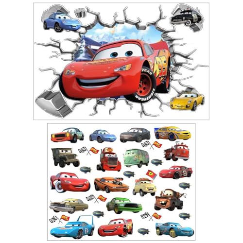Auto Wandaufkleber 2 Stück 3D Beschädigten Wand Karikatur Autos Wandsticker Abnehmbare Wall Stickers Cars Wandtattoo für Kinderzimmer, Wohnzimmer, Spielzimmer, Wanddeko von YCVBCY
