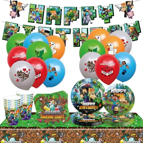 Geburtstags deko,Partygeschirr Set, Minecr Geburtstag Geschirr Kit Kindergeburtstag, Kindergeburtstag Tischdeko, Gebutstag Party Set,mit Geburtstag-Banner,Servietten,Papptelle 10 Gäste von YCVBCY