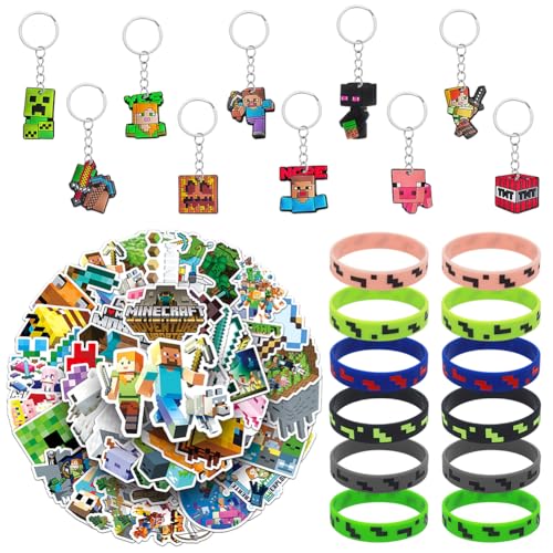 YCVBCY Videospiel Spiel Party Mitgebsel 72 Stück Pixel Kindergeburtstag Mitgebsel Set Enthalten Spiel Schlüsselanhänger Silikon Armband Aufkleber Give Away Gastgeschenk für Kinder von YCVBCY