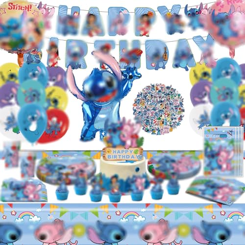 168 Stück Stitcs Geburtstagsdeko, Kinder Geburtstag Deko,Jungen Mädchen Party Supplies Set mit Teller,Banner,Servietten,Luftballons,Cake Topper,Einladungskarte,Folienballon von YCWSSB