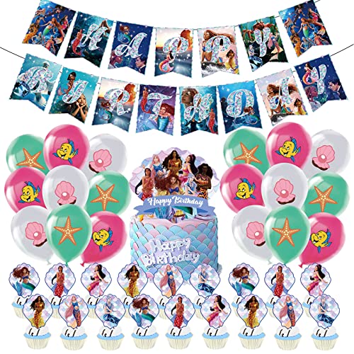 44 Stück Mermais Geburtstagsdeko,Kinder Meerjungfr Birthday Decorations, Mädchen Prinzessin Geburtstags Deko, Wimpel, Latexballon, Cupcake Topper von YCWSSB