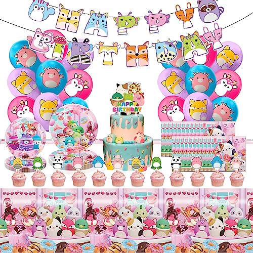 73 Stück Plus toys Geburtstag Deko, Kinder Squishmallo Geburtstagdeko,Mädche Birthday Decorations Set mit Teller,Banner,Servietten,Luftballons,Cake Topper von YCWSSB