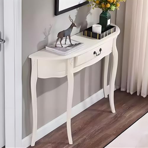 Konsolentisch Holz mit Schublade, Schmale Kommode Flur, HalbmondföRmiger Beistelltisch für die Veranda im Eleganten Vintage-Stil für Flur, Eingangsbereich und Foyer(White,100x30x85cm/39x12x33in) von YCYRF